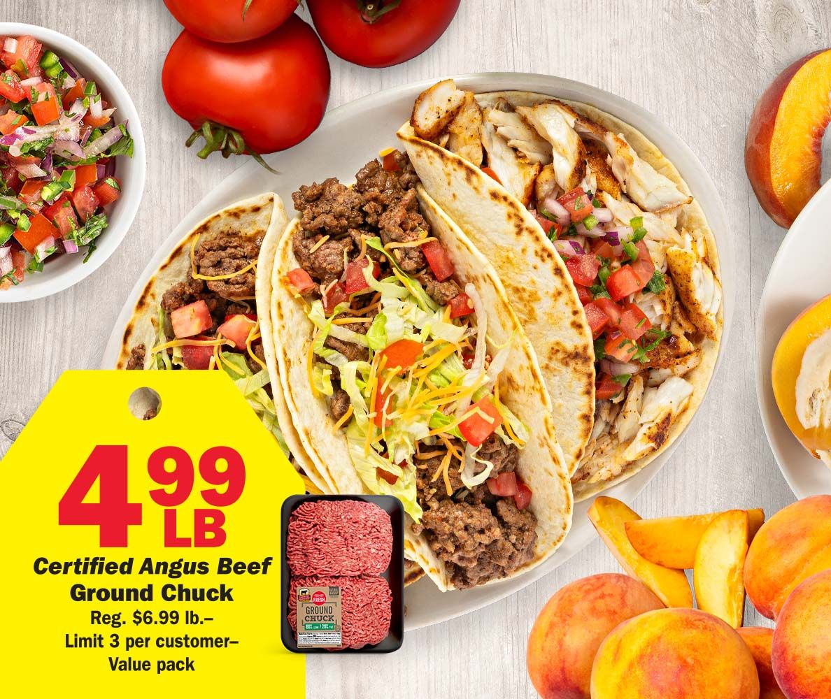 $4.99 LB. Certified Angus Beef Ground Chuck Reg. $6.99 lb.–Limit 3 per customer–Value pack
